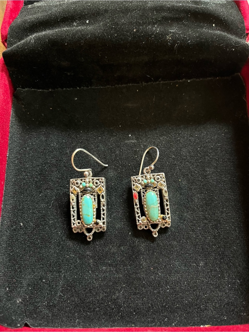Turquoise Accent Filigree Drop Earrings - Women Jewelry